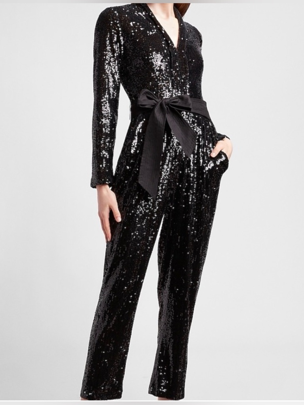 Express Elegant, Glamorous Black Evening Sequin Long-Sleeve Jumpsuit with Sash - Picture 1 of 6